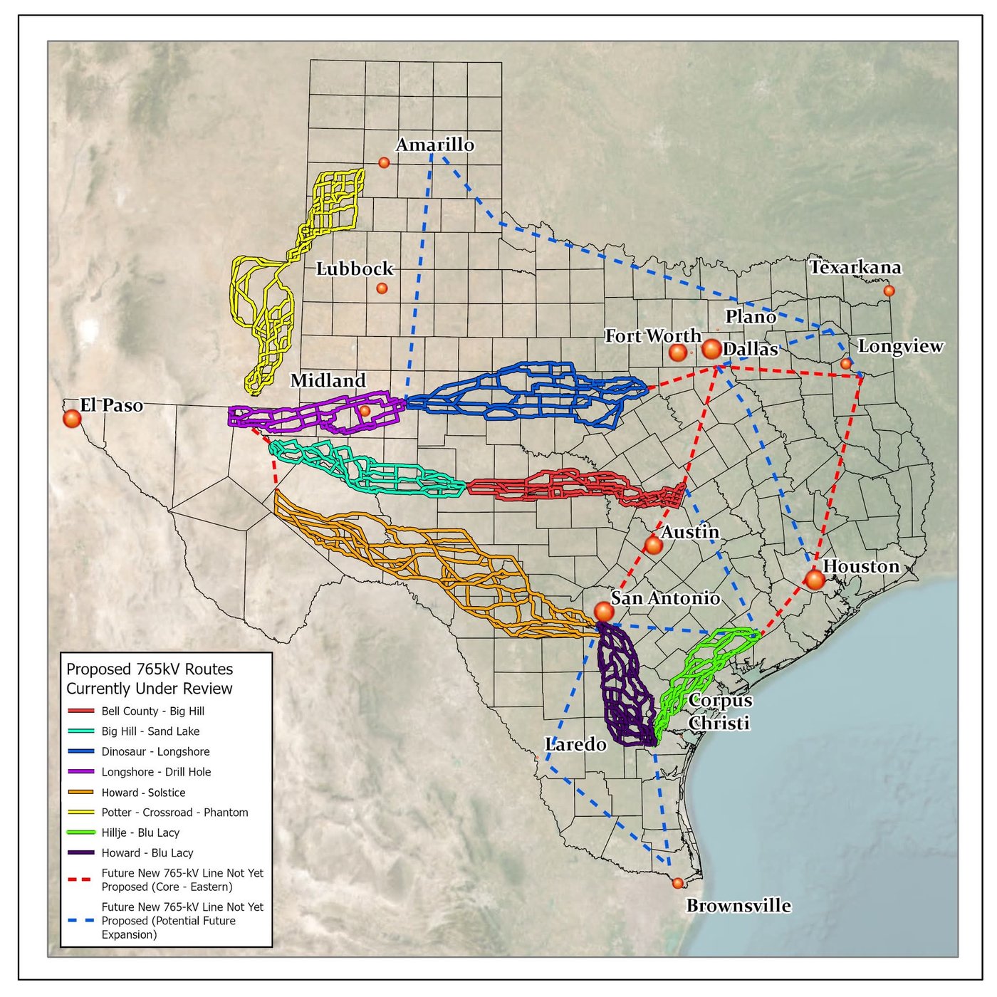 Map of proposed 765 kV transmission routes across Texas, by landowner Jessica Vee